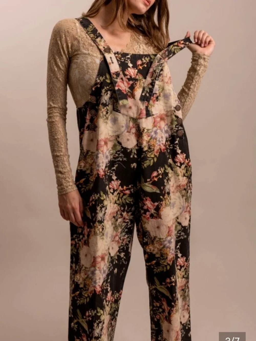 Blue Velvet Floral Print Women Jeans Overalls - Black Floral